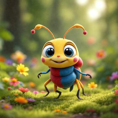 The primary subject of the image is a cute, colorful, and smiling yellow and red beetle. The beetle is standing in a field of flowers, which serves as the setting and background of the scene. The visual style of the image is a digital art or illustration, with the beetle being the main focus of the picture. The colors and mood of the image are cheerful and lively, with the bright colors of the beetle and the flowers creating a vibrant and happy atmosphere.